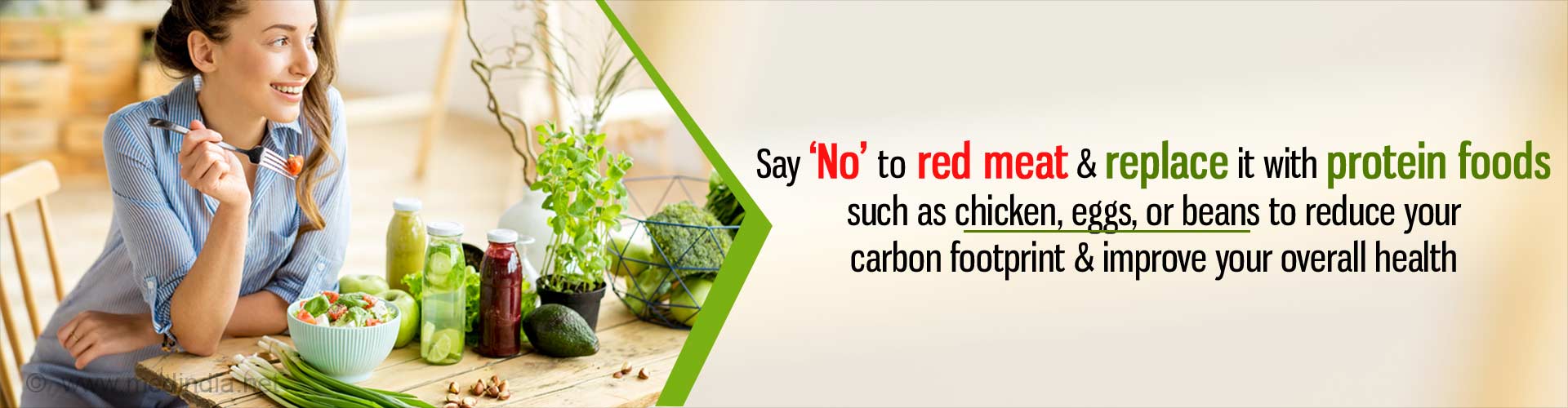 Say ''No'' to red meat and replace it with protein foods such as chicken, eggs, or beans to reduce our carbon footprint and improve our overall health.